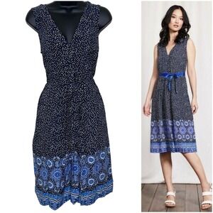 Boden Ellie Sleeveless V Neck‎ Dress Womens 6R Dark Blue Floral Dot Print Casual